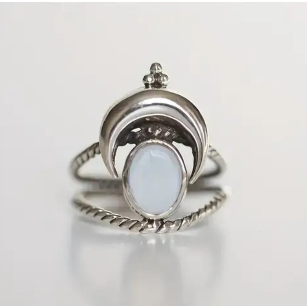 Silver Crescent Ring with White Opalescent Stone